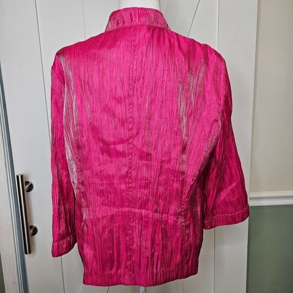 CHICO'S Jacket Blazer Sz Large 12 Hot Pink Crinkle Barbie Open Front Barbiecore - Picture 3 of 12